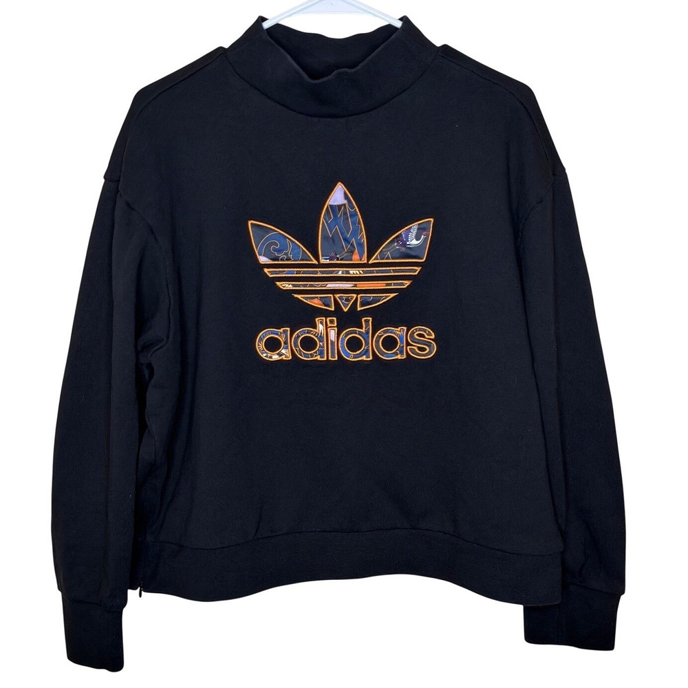 Adidas Originals Mock Neck Sweatshirt Black Trefoil Crane Embroidery Womens XL